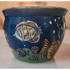 Vintage Chinese Small 3" Planter Dark Turquoise Blue‎ Handpainted Ocean Fish